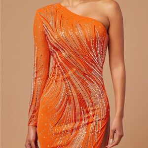 Fashion Nova Luxe Anita One-Shoulder Orange Rhinestone Midi Dress